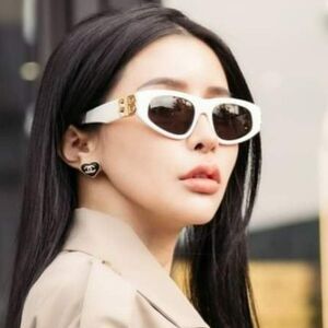 Balenciaga BB0095S 012 Sunglasses White Gold Logo Grey Cat Eye Unisex